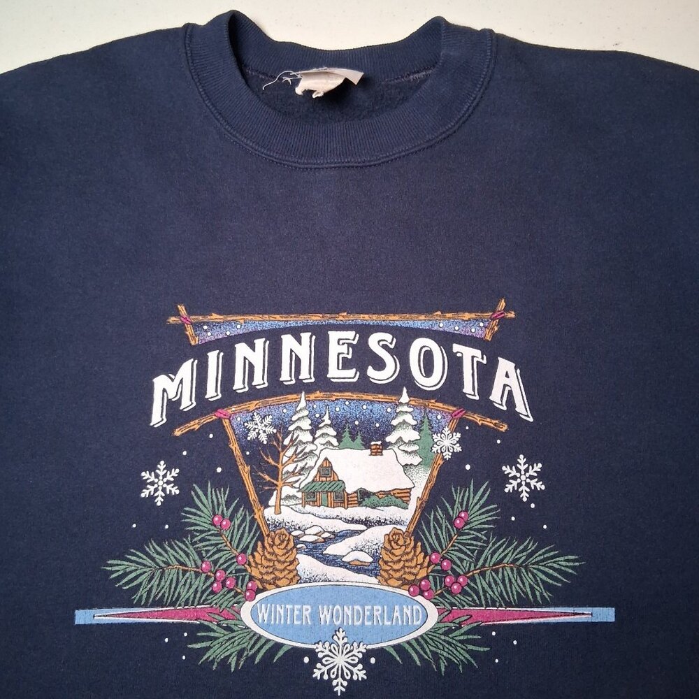 Vintage Minnesota Sweatshirt Large Winter Wonderland Snow Cabin Nature Crewneck - Picture 1 of 13